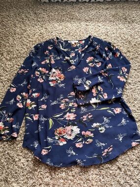 fun 2 fun Navy Floral Long Sleeve Top with Pink & White Blooms